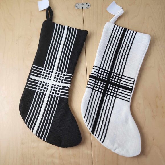 Hobby Lobby His & Hers Plaid Striped Christmas Stockings Woven Black & White - Picture 1 of 5